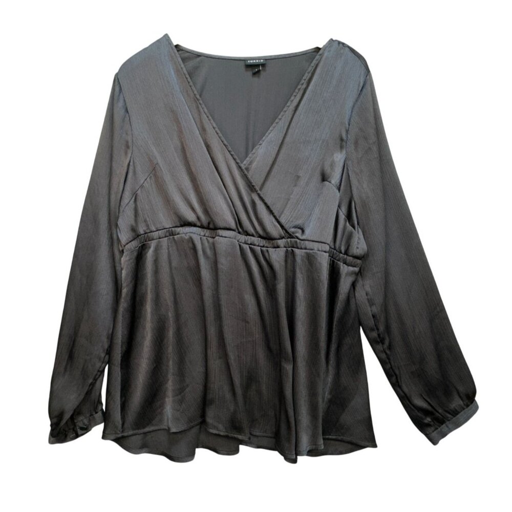 Torrid Womens Long-Sleeve Satin Surplice Blouse Top Sze 1 Black Elegant Business